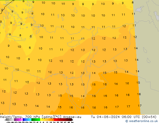 Hoogte/Temp. 700 hPa Arpege-eu di 04.06.2024 06 UTC