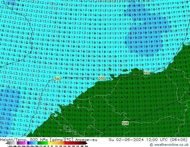 Hoogte/Temp. 500 hPa Arpege-eu zo 02.06.2024 12 UTC