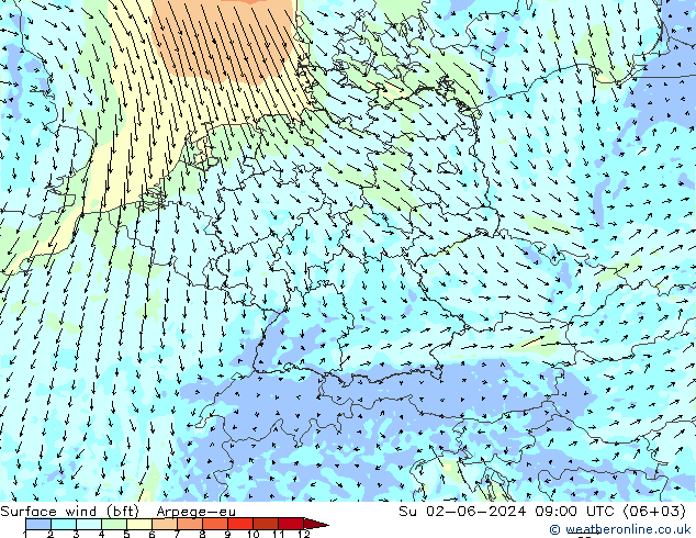 Bodenwind (bft) Arpege-eu So 02.06.2024 09 UTC