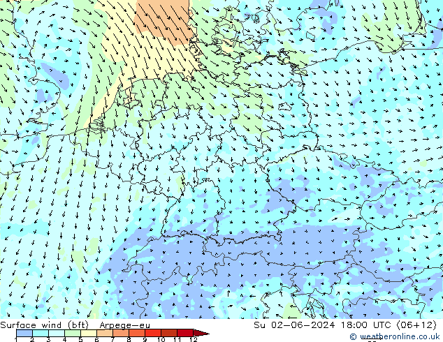 Bodenwind (bft) Arpege-eu So 02.06.2024 18 UTC