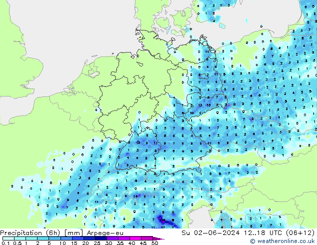 Precipitación (6h) Arpege-eu dom 02.06.2024 18 UTC