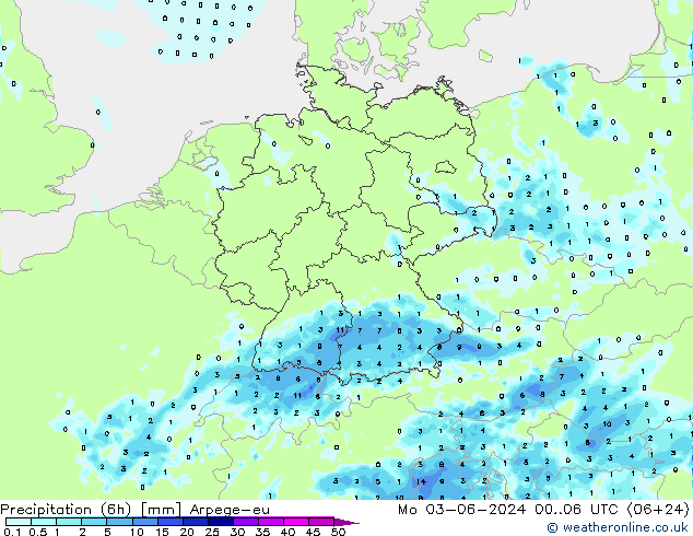 Precipitazione (6h) Arpege-eu lun 03.06.2024 06 UTC