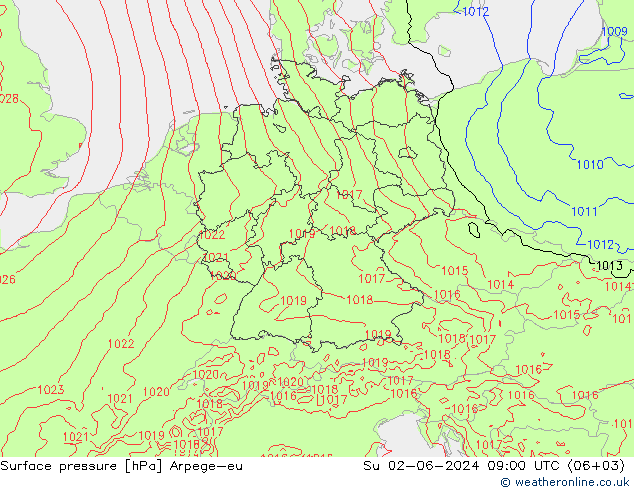 Presión superficial Arpege-eu dom 02.06.2024 09 UTC