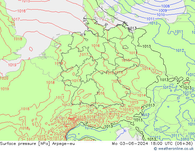 Pressione al suolo Arpege-eu lun 03.06.2024 18 UTC