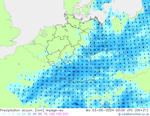 Precipitation accum. Arpege-eu Mo 03.06.2024 03 UTC