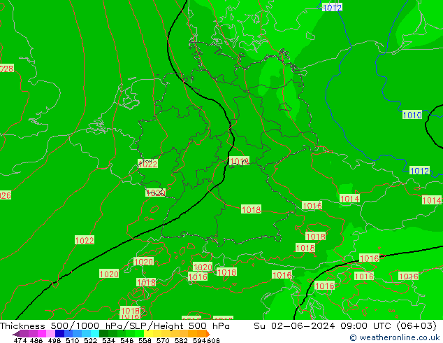 Schichtdicke 500-1000 hPa Arpege-eu So 02.06.2024 09 UTC