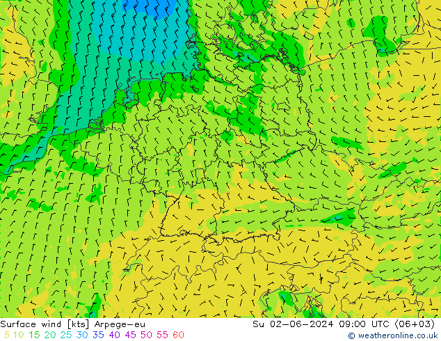 Surface wind Arpege-eu Su 02.06.2024 09 UTC