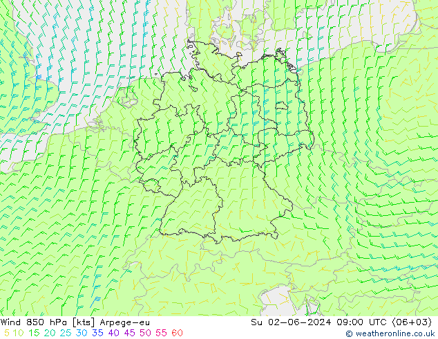 Wind 850 hPa Arpege-eu So 02.06.2024 09 UTC