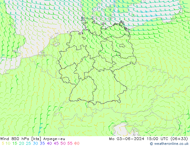 wiatr 850 hPa Arpege-eu pon. 03.06.2024 15 UTC