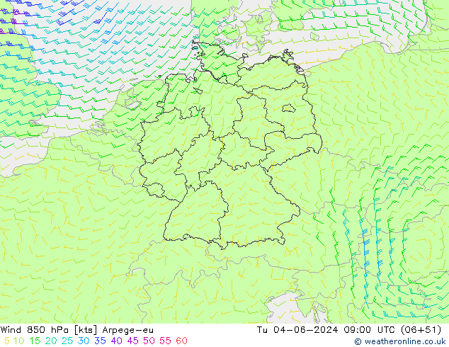 Rüzgar 850 hPa Arpege-eu Sa 04.06.2024 09 UTC