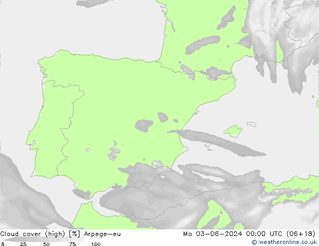 Cloud cover (high) Arpege-eu Mo 03.06.2024 00 UTC