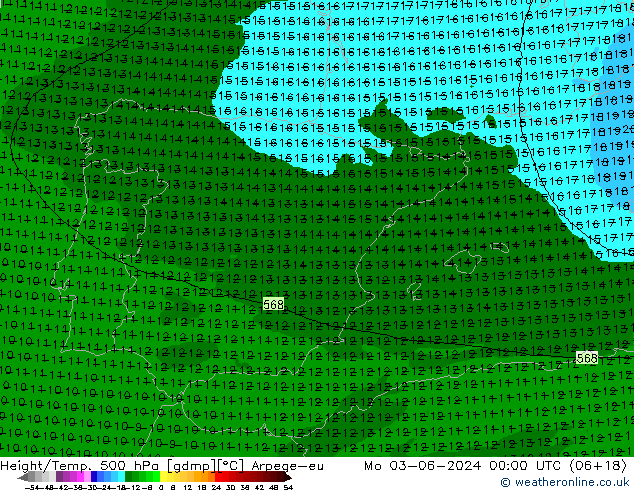 Height/Temp. 500 hPa Arpege-eu Mo 03.06.2024 00 UTC