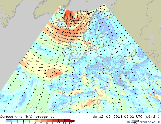 wiatr 10 m (bft) Arpege-eu pon. 03.06.2024 06 UTC