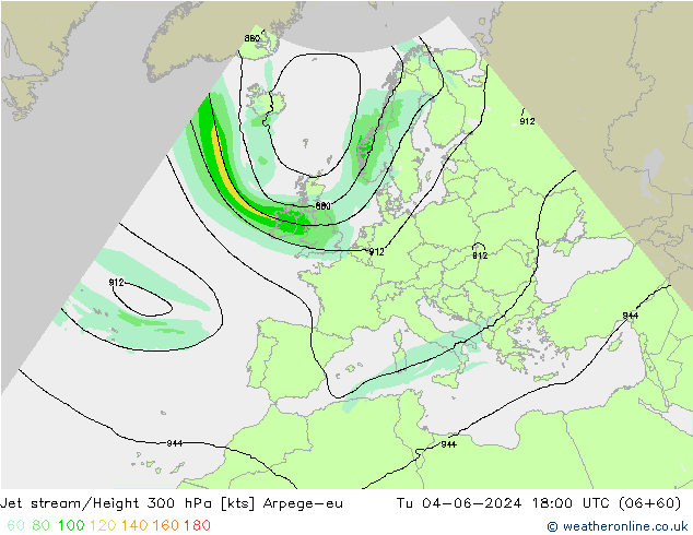 Jet stream/Height 300 hPa Arpege-eu Út 04.06.2024 18 UTC