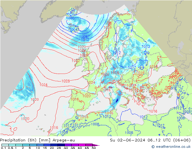 Precipitazione (6h) Arpege-eu dom 02.06.2024 12 UTC