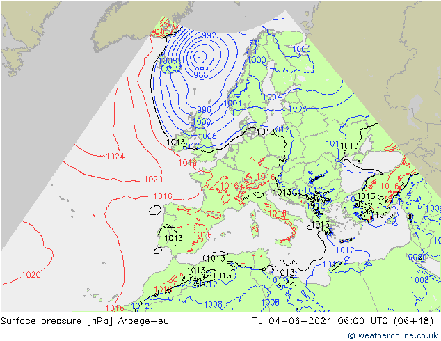 Bodendruck Arpege-eu Di 04.06.2024 06 UTC