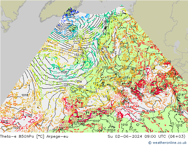 Theta-e 850hPa Arpege-eu Paz 02.06.2024 09 UTC