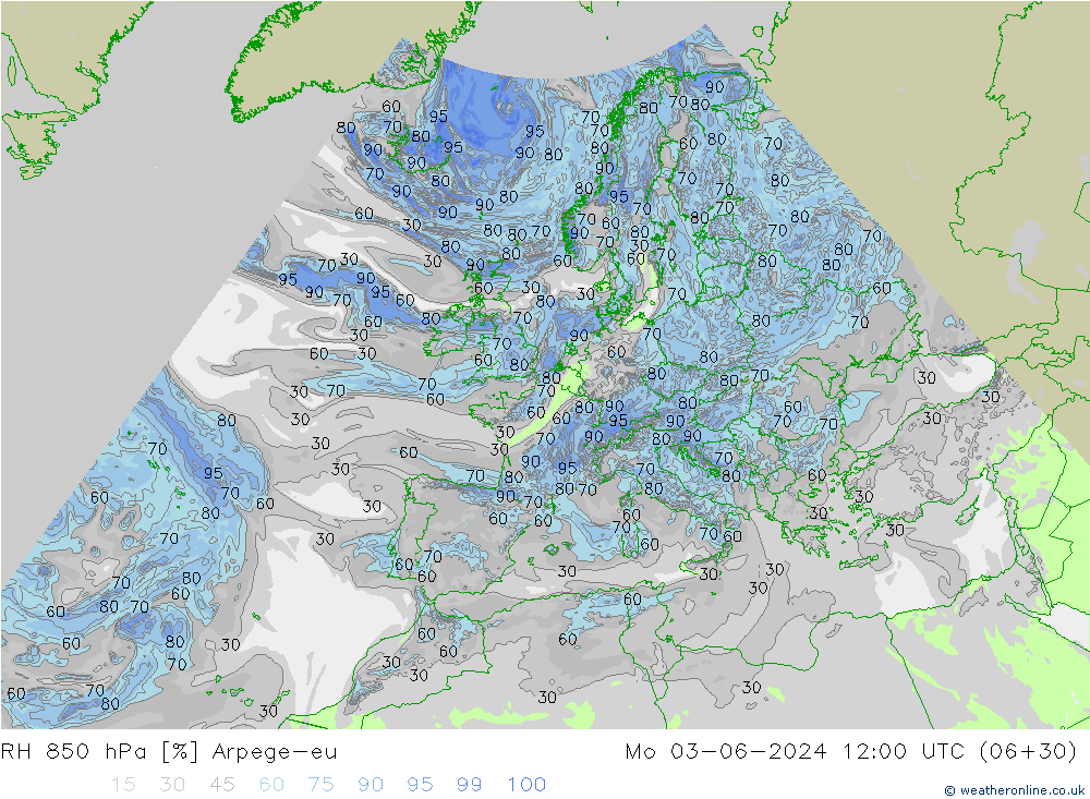 Humedad rel. 850hPa Arpege-eu lun 03.06.2024 12 UTC