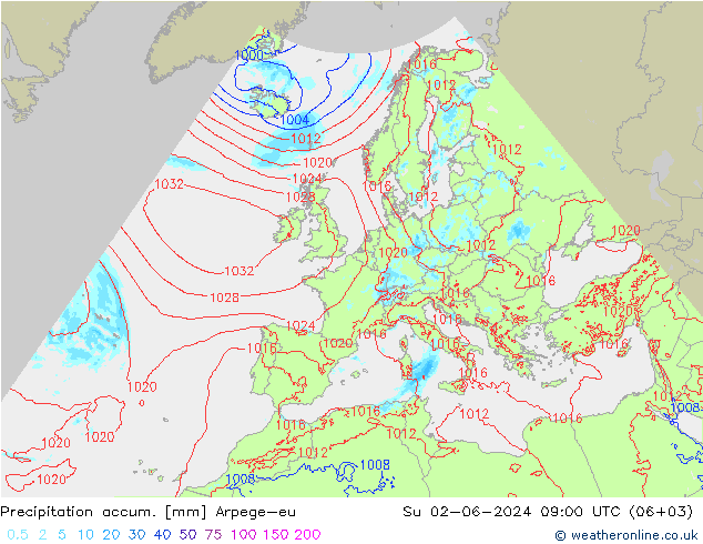 Precipitation accum. Arpege-eu Su 02.06.2024 09 UTC