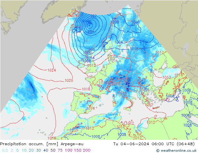Totale neerslag Arpege-eu di 04.06.2024 06 UTC