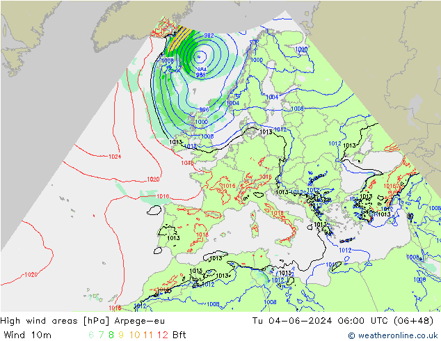 Windvelden Arpege-eu di 04.06.2024 06 UTC
