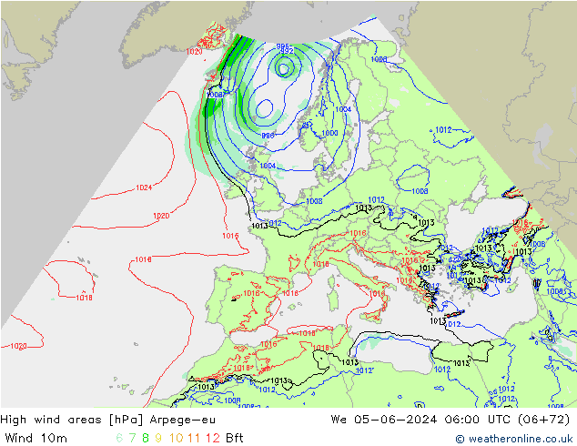 yüksek rüzgarlı alanlar Arpege-eu Çar 05.06.2024 06 UTC