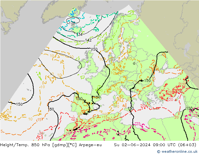 Geop./Temp. 850 hPa Arpege-eu dom 02.06.2024 09 UTC