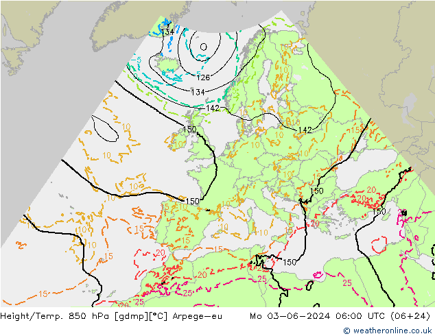 Height/Temp. 850 hPa Arpege-eu Mo 03.06.2024 06 UTC
