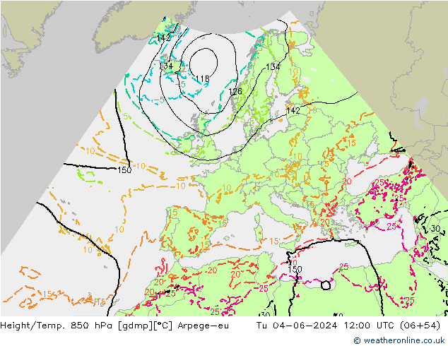 Geop./Temp. 850 hPa Arpege-eu mar 04.06.2024 12 UTC