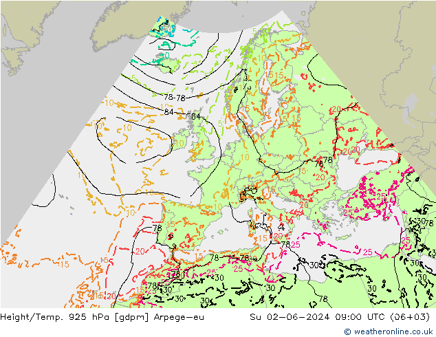 Height/Temp. 925 гПа Arpege-eu Вс 02.06.2024 09 UTC