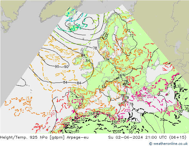 Height/Temp. 925 hPa Arpege-eu Su 02.06.2024 21 UTC