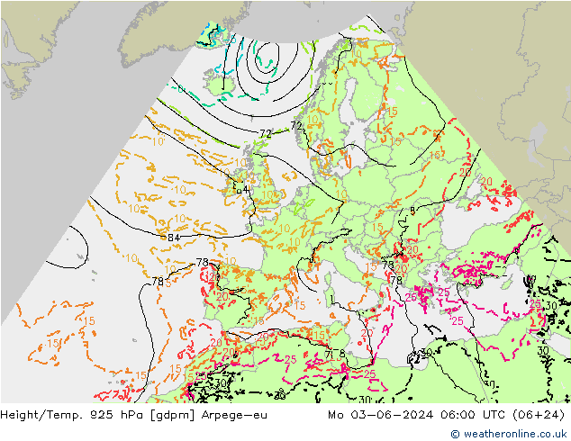 Geop./Temp. 925 hPa Arpege-eu lun 03.06.2024 06 UTC