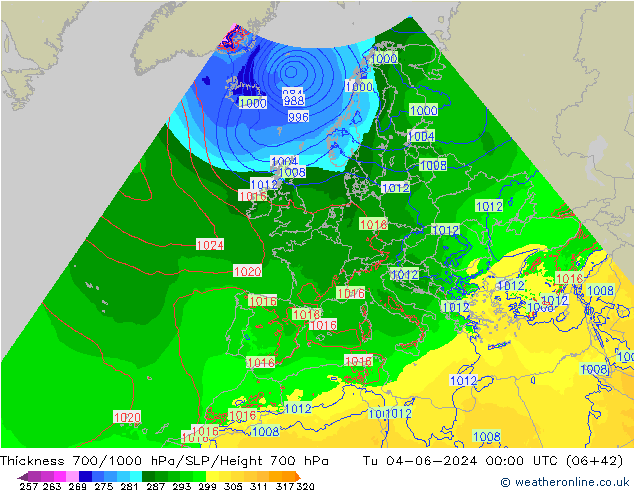 Schichtdicke 700-1000 hPa Arpege-eu Di 04.06.2024 00 UTC