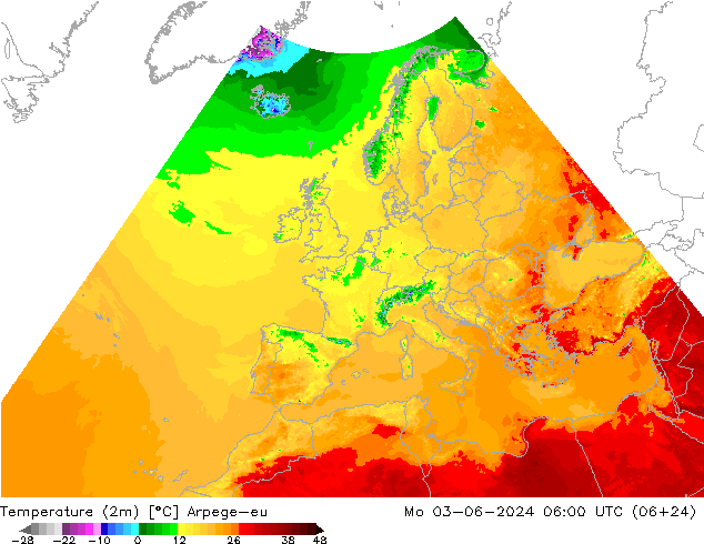 température (2m) Arpege-eu lun 03.06.2024 06 UTC