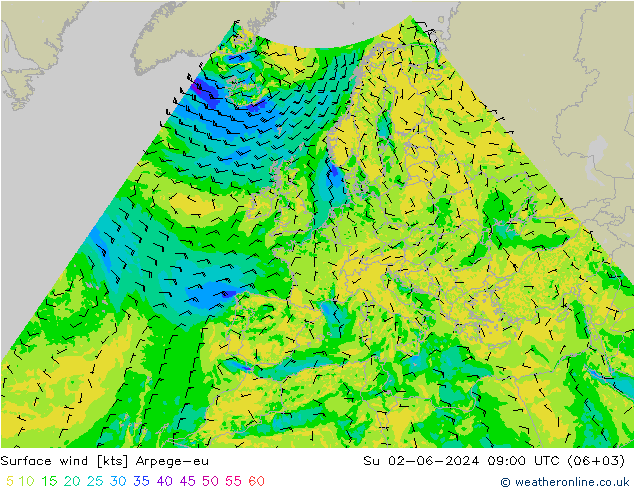 Wind 10 m Arpege-eu zo 02.06.2024 09 UTC