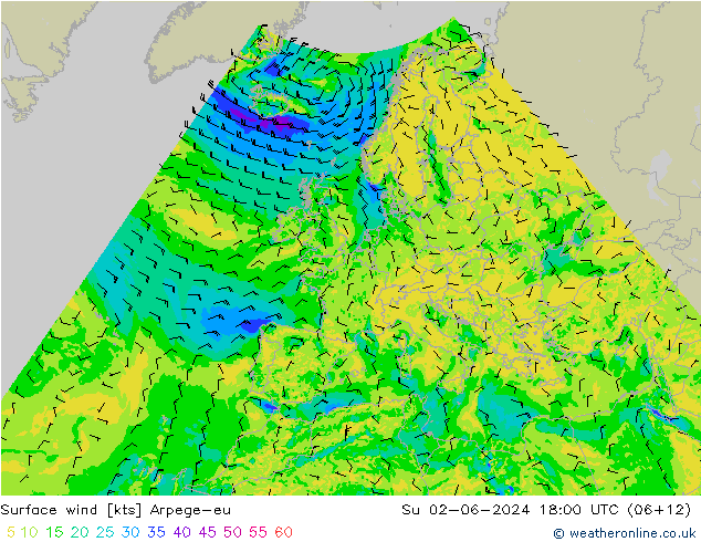 wiatr 10 m Arpege-eu nie. 02.06.2024 18 UTC