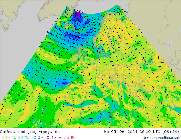 Viento 10 m Arpege-eu lun 03.06.2024 06 UTC