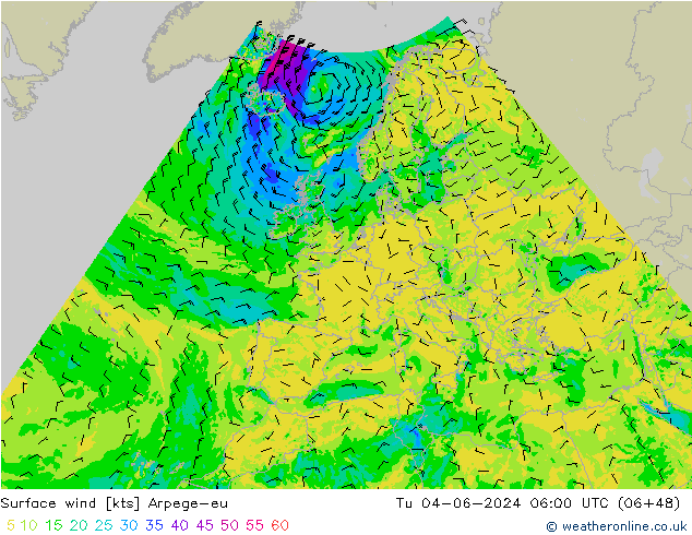 Rüzgar 10 m Arpege-eu Sa 04.06.2024 06 UTC