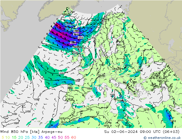Wind 850 hPa Arpege-eu Su 02.06.2024 09 UTC