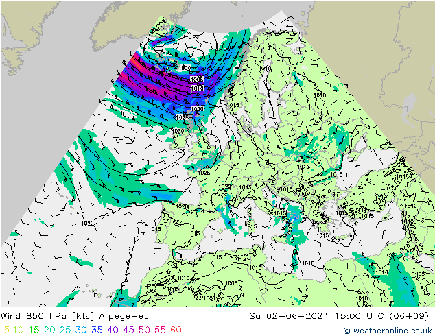 Wind 850 hPa Arpege-eu Su 02.06.2024 15 UTC