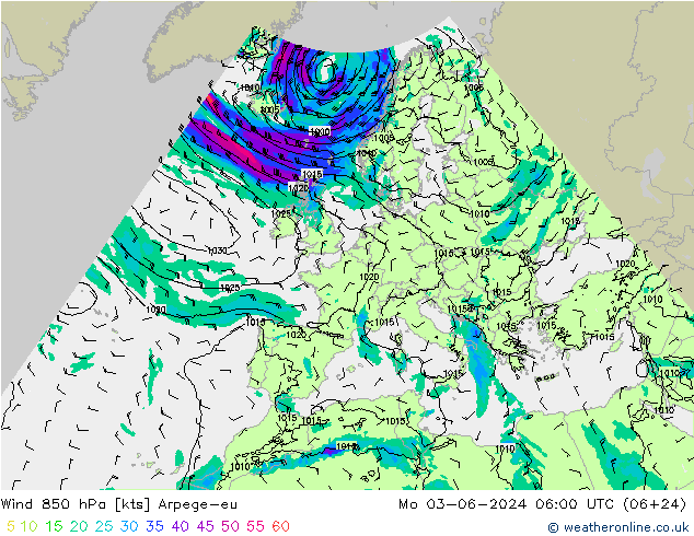 Vent 850 hPa Arpege-eu lun 03.06.2024 06 UTC