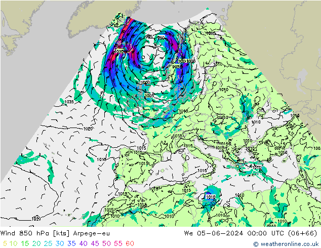 wiatr 850 hPa Arpege-eu śro. 05.06.2024 00 UTC
