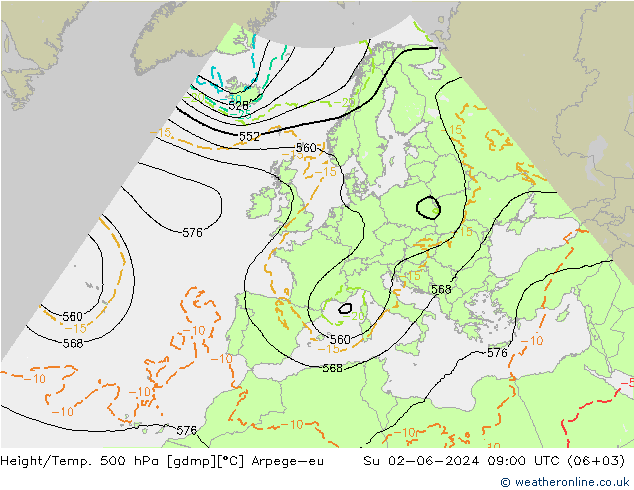 Height/Temp. 500 hPa Arpege-eu 星期日 02.06.2024 09 UTC