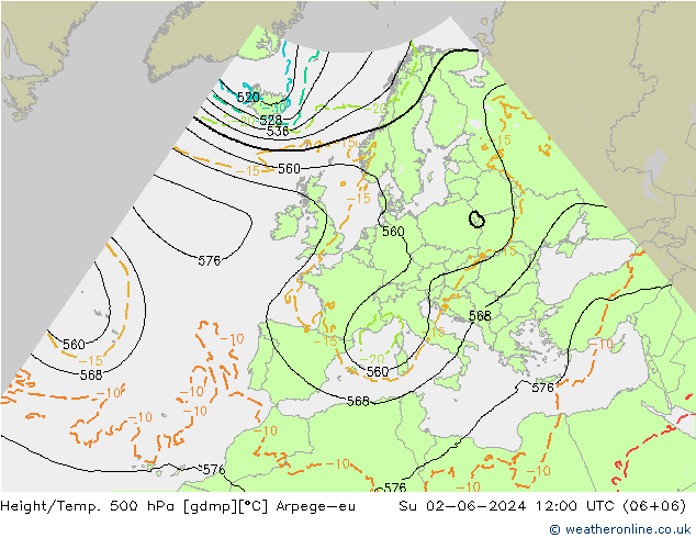 Height/Temp. 500 hPa Arpege-eu  02.06.2024 12 UTC