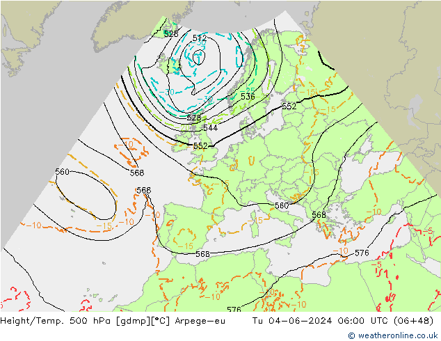Hoogte/Temp. 500 hPa Arpege-eu di 04.06.2024 06 UTC