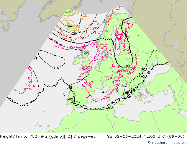 Height/Temp. 700 гПа Arpege-eu Вс 02.06.2024 12 UTC