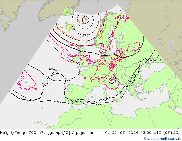 Height/Temp. 700 hPa Arpege-eu lun 03.06.2024 12 UTC