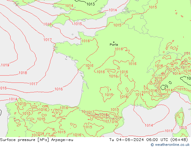 Bodendruck Arpege-eu Di 04.06.2024 06 UTC