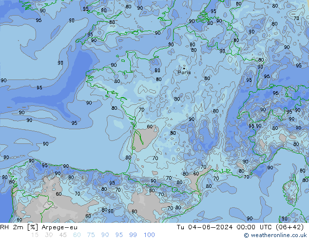 Humidité rel. 2m Arpege-eu mar 04.06.2024 00 UTC