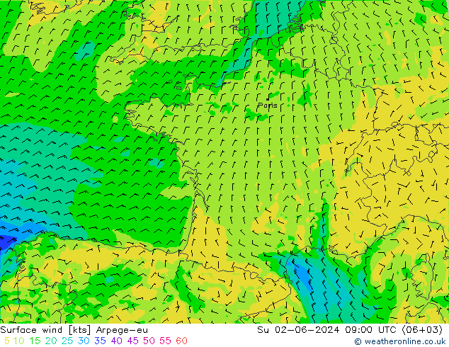 Surface wind Arpege-eu Su 02.06.2024 09 UTC